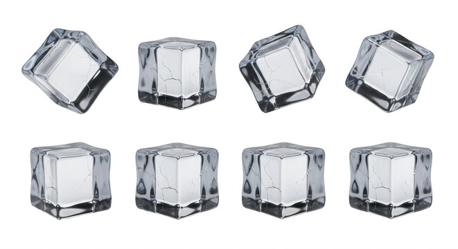 eight ice cubes rotating on a white background for beverage concepts product advertising summer refreshments or drink promotions