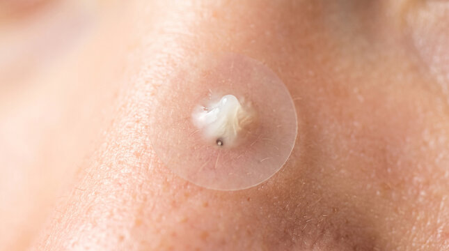 Extreme close-up of a transparent hydrocolloid acne patch applied to a pimple on a person's ad social media download thambnail poster web template event festival 2026 2027 2028
