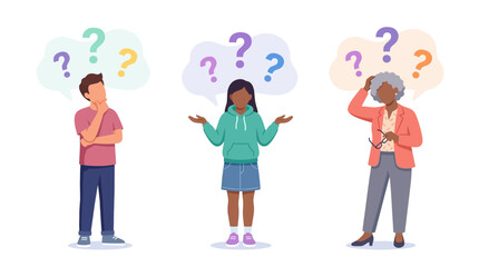 Fototapeta premium Diverse teenagers feeling confused with question marks.