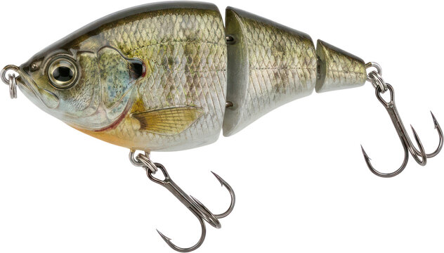 Jointed swim bait fishing lure with treble hooks.