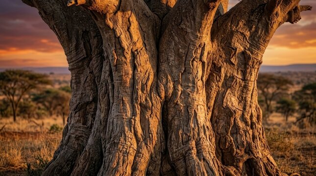 Ethe enormous trunk of an ancient Baobab tree with thick textured bark, dramatic golden sunset lighting