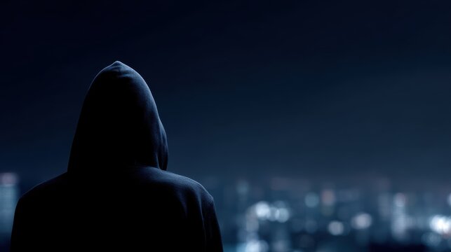 back view hacker in hoodie overlooking city skyline digital cyber attack concept