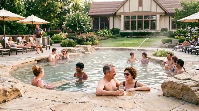 People are relaxing in a luxurious outdoor thermal pool with a whirlpool at the resort's spa center.. AI generated.