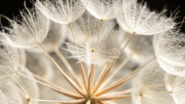 Extreme macro photograph of a dandelion seed head showing radial pappus fibers and seed center. Suitable for botanical study freedom concept banners and natural macro background art.