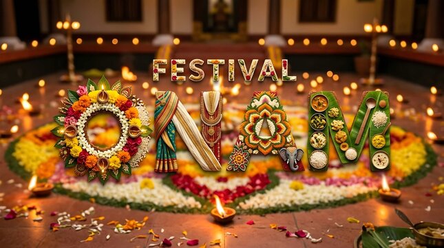 Symbolic onam letters decorated with flowers and traditional food