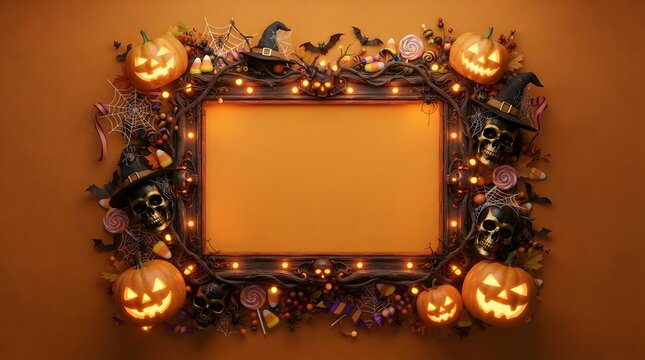 Spooky halloween frame with skulls and glowing pumpkins