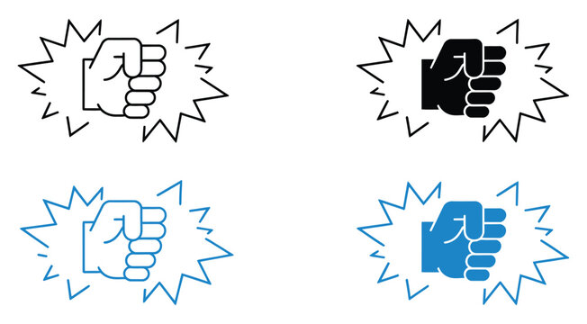 Fist bump or punch impact icon set, hand strike gesture symbol, power and strength expression vector isolated design concept template.