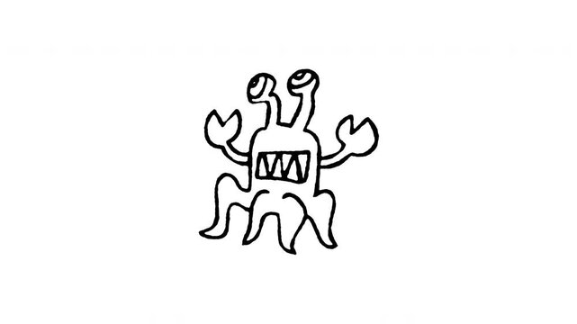 Hand drawn 4K alien monster creature doodle animation with boiling line effect. Frame by frame outline on black and green screen backgrounds, perfect for weird space beast, sci-fi mutant.