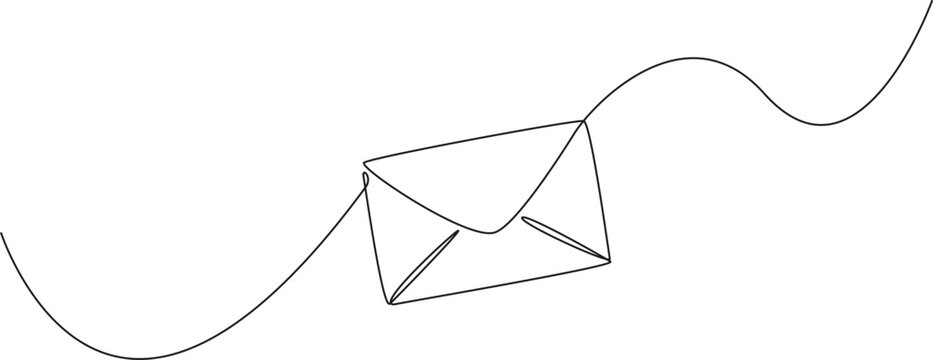 minimalist continuous line drawing of a mail envelope, messaging, communication or contact us concepts, line art vector illustration