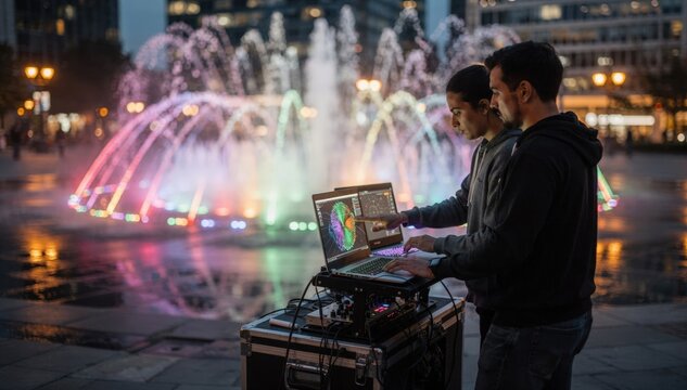 Programmable fountain jets dance to vibrant LED lights as two programmers adjust settings during dusk city plaza softly blurred in background.