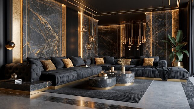 Luxurious living room interior with dark marble, gold accents, and modern furniture design