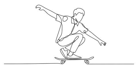 Young man riding a skateboard drawn with a single continuous black line art style © Monibala