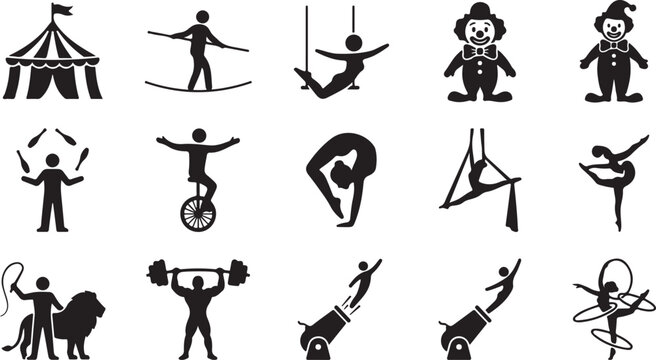 Set of black circus featuring a big tent, tightrope walker, trapeze artist, clowns, juggler, unicyclist, contortionist, aerialist, lion tamer, strongman, human cannonball, and hula hoop performer