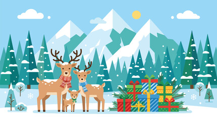 Naklejka premium Merry Christmas family of reindeer with gifts and a decorated tree in a snowy winter holiday landscape illustration
