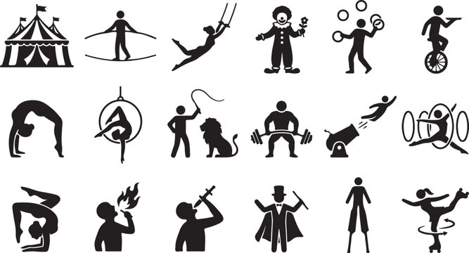Set of black circus performance featuring a big tent, tightrope walker, trapeze artist, clown, juggler, unicyclist, acrobat, lion tamer, strongman, human cannonball, and magician