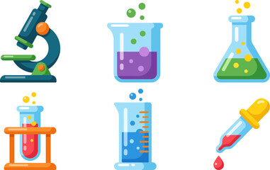 Fototapeta premium Scientific laboratory equipment collection featuring colorful vector illustrations of microscope flasks beakers test tubes and medicine droppers for medical education