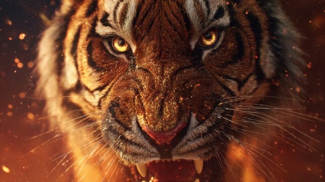 Fierce tiger face, muzzle streaked with molten gold, intense gaze and bared teeth