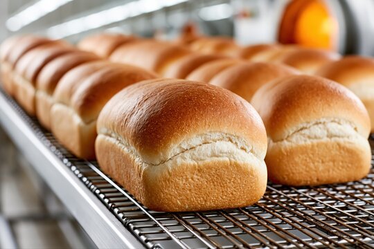 Golden Brown Loaves of Freshly Baked Bread Lined Up on a Cooling Rack in a Bakery