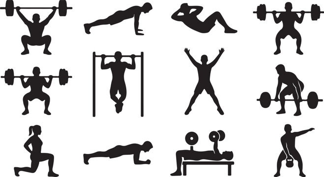Set of black silhouette depicting various fitness exercises, including weightlifting, pull-ups, push-ups, sit-ups, lunges, and jumping jacks on a plain white background