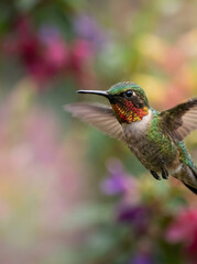 Naklejka premium Vibrant hummingbird hovers mid air with blurred colorful flowers in soft focus background during daylight hours.