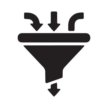 Black funnel icon illustrating input and output with multiple downward arrows and a single downward output arrow filtering conversion selection
