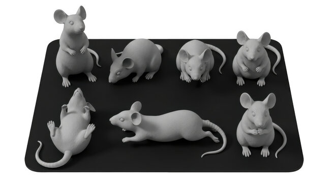 3d rendered mice models arranged on a dark pad with a plain white background potentially for scientific or educational material
