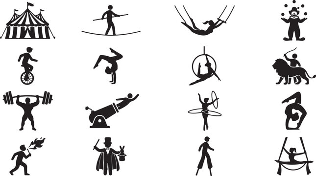Set of sixteen black circus featuring a big tent, tightrope walker, trapeze artist, clown, unicyclist, acrobat, aerial hoop performer, lion tamer, strongman, human cannonball, and magician