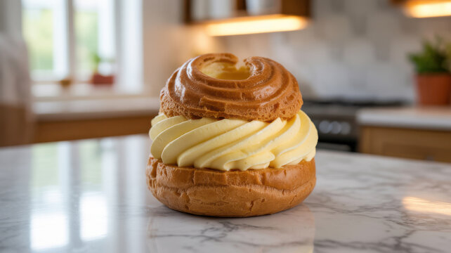 Paris brest pastry with cream filling and praline glaze on marble table.