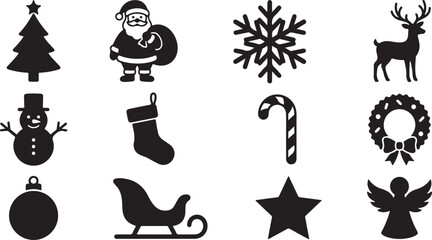 Obraz premium Set of twelve black christmas featuring a santa claus, reindeer, snowman, christmas tree, snowflake, candy cane, wreath, bauble, sleigh, star, and angel silhouette on a white background