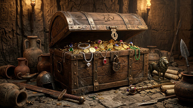 Ancient wooden treasure chest filled with gold coins and jewels.