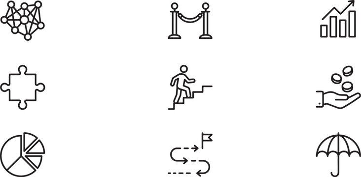Set of black business and project management icons in minimalist line style