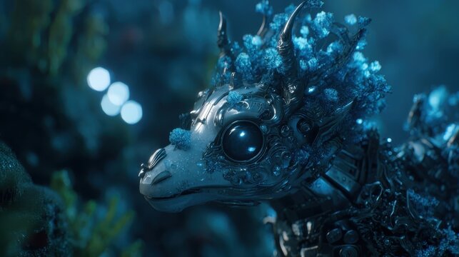 Intricate mechanical lion sculpture adorned with coral and blue flora, a majestic steampunk fantasy creature with glowing eyes