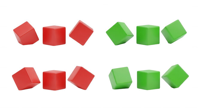red and green cubes arranged tilting on white backdrop conceptual image for design illustration and abstract art