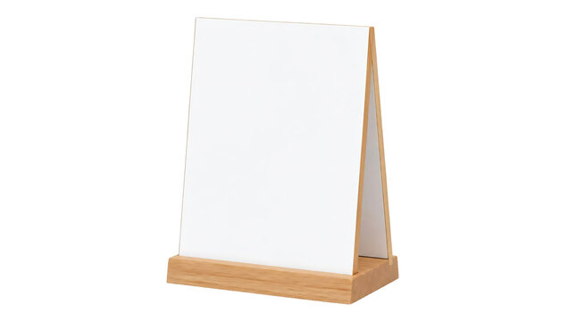 Blank white menu card table tent stand in wooden base isolated on transparent background