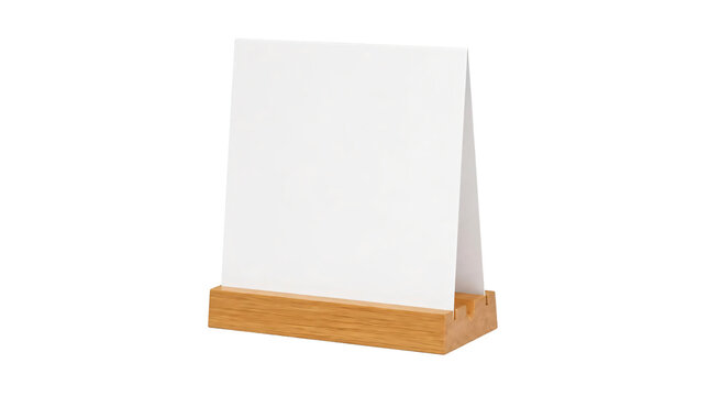 Blank white menu card table tent stand in wooden base isolated on transparent background