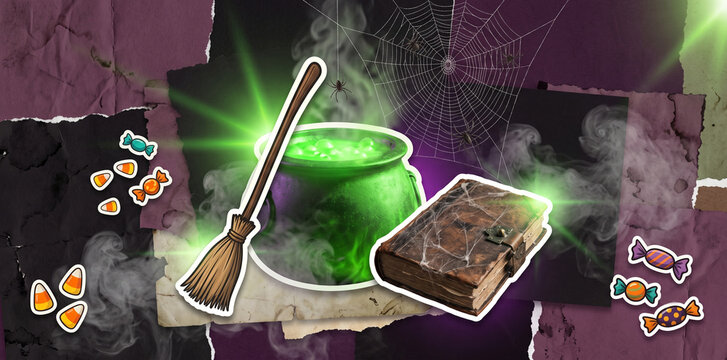 Glowing Witch Cauldron with Broom, Spellbook and Halloween Candy in a Dark Magical Collage