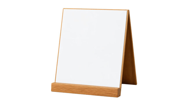 Blank white menu card table tent stand in wooden base isolated on transparent background