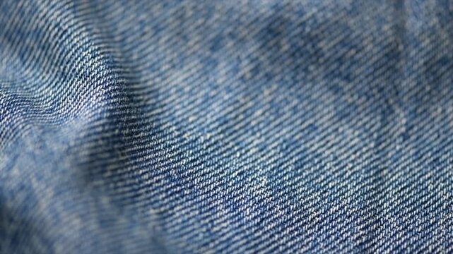 Blue denim cotton jeans fabric texture, jean background, textile backdrop, top view. wallpaper, washed effect jean fabric close up. Rotating, slow motion 