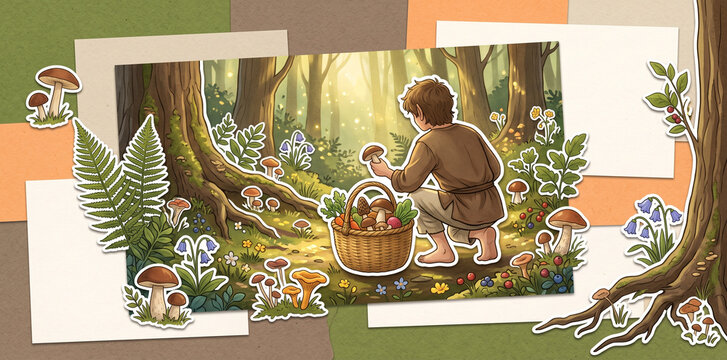 Cozy Fantasy Forest Foraging Scene with a Small Woodland Traveler, Mushrooms and Harvest BasketOpened ingredient