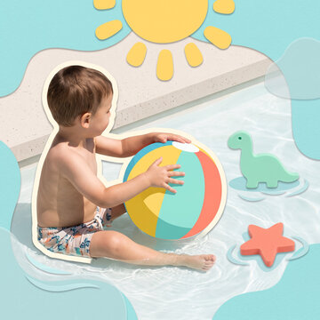 Safe Shallow-Pool Play with a Toddler and Colorful Ball in a Cheerful Summer Collage