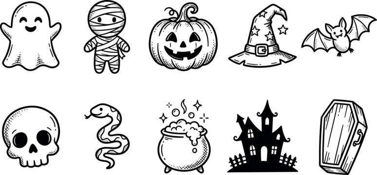 Vector hand drawn doodle halloween icon set featuring cute ghost mummy pumpkin witch hat bat skull snake cauldron house coffin