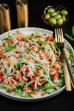 Fresh Tuna Salad with Onions and Cherry Tomatoes. Italian Mediterranean Cuisine