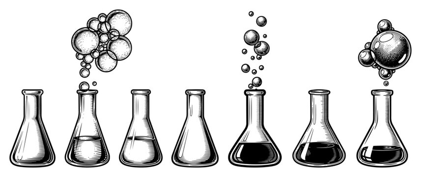 Laboratory flasks and chemical glassware with bubbles in vintage engraving style