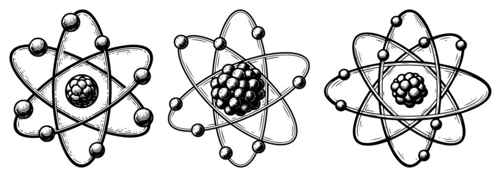 Atom science models showing nucleus and electrons orbits in vintage engraving style