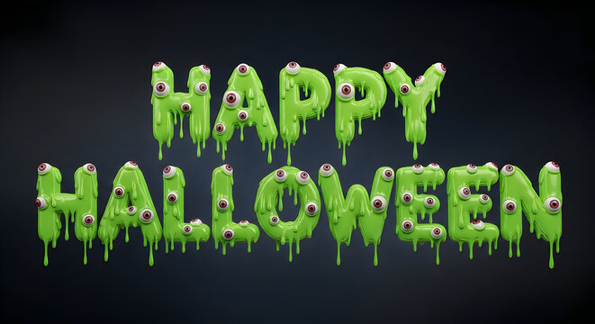 Happy hallowen text design with green slime dripping letters on a dark background