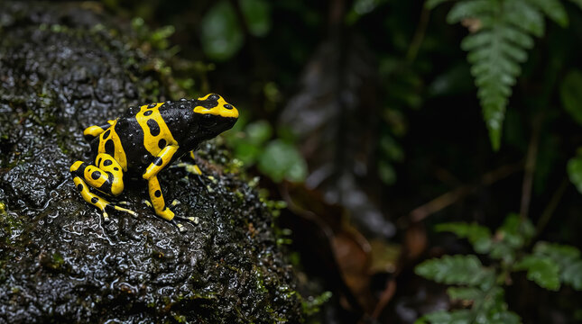 Vibrant yellow and black poison dart frog perched on a dark mossy rock in lush green forest habitat with ferns nearby.