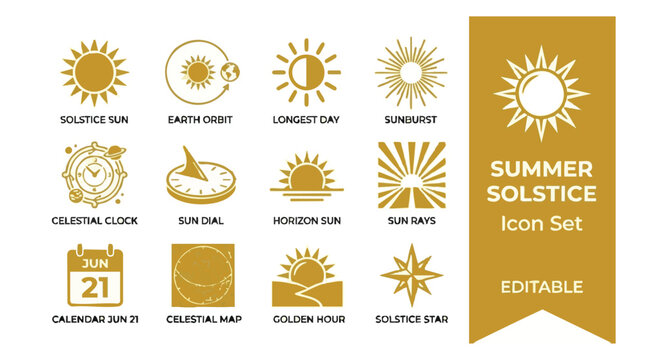 Summer Solstice Icon Set Featuring Sun Symbols Calendar Sundial Compass Rose And Celestial Representations
