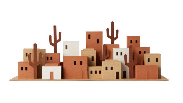 Paper craft desert village and cactus miniature model, isolated on a transparent background