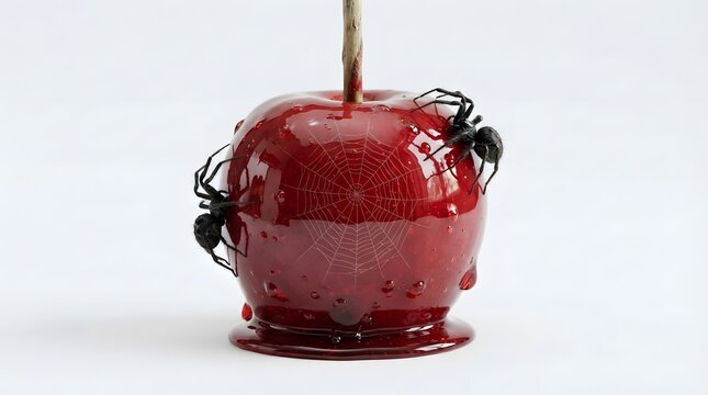 Spooky candy apple with spiders isolated on white background