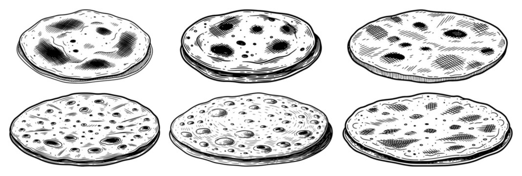 Flatbread collection including naan roti and chapati in vintage woodcut style